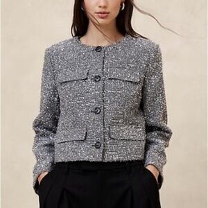 Banana Republic Gray Silver Black Metallic Tweed Jacket Matching Coord skirt set